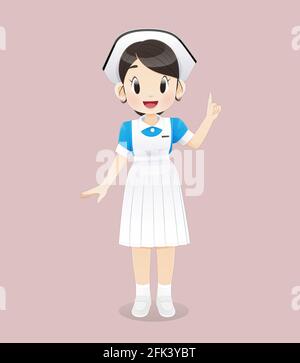 Auf einem rosa Hintergrund steht eine in blau-weißer Uniform getragene Krankenpflegestudentin. Lächelndes weibliches Pflegepersonal. Vektordarstellung in Cartoon-Zeichen d Stock Vektor