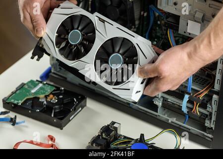 Menschliche Hände stecken eine Grafikkarte in einen Computer. Stockfoto