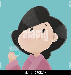 Frau spült und knargelt, während sie Mundwasser aus einem Glas verwendet. Während der täglichen Mundhygiene. Konzepte Der Zahnmedizin. Dental Health Concept, V Stock Vektor