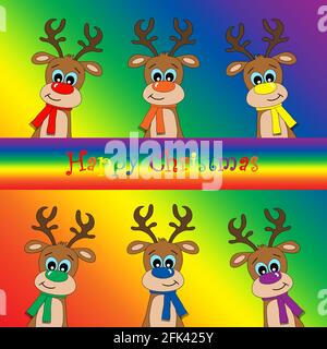 Eine Illustration von niedlichen handgezeichneten Rentieren mit Nasen und Geweihe in den Farben der LGBT-Flagge mit der Botschaft Happy Weihnachten Stockfoto