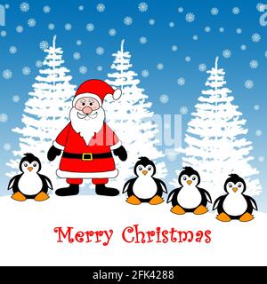 Eine Illustration eines Weihnachtsmanns mit niedlichen Pinguinen, die im Schnee vor einem blauen Schneeflocken-Hintergrund mit Weihnachtsbäumen stehen. Stockfoto