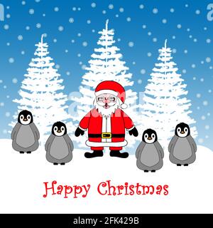 Eine Illustration eines Weihnachtsmanns mit niedlichen Pinguinen, die im Schnee vor einem blauen Schneeflocken-Hintergrund mit Weihnachtsbäumen stehen. Stockfoto