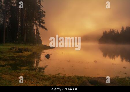Mystisches Licht am frühen Morgen. Landschaft mit Shiroka polyana (weite Wiese) Rodophe Berg. Bulgarien Stockfoto