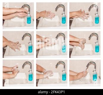 Handhygiene - Schritte zur Reinigung der Hände mit Handwäsche Seife, Corona-Virus Prävention Handwäsche Schritte mit Seife Stockfoto