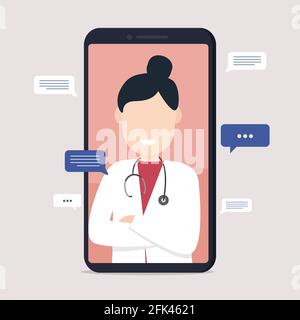 Woman Doctor Video Lokalisierung auf einem Smartphone. Medizinische Diagnostik über das Internet. Konzept der Online-Medizin und Gesundheitsversorgung. Flache Vektorgrafik Stock Vektor