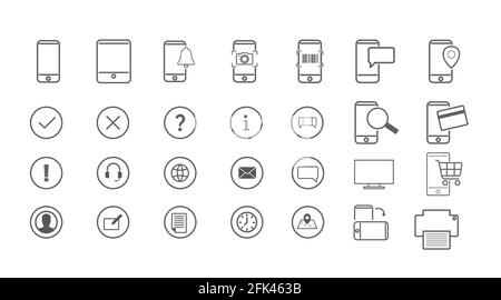 Gerätsymbol Eingestellt. Der Vektor isoliert die Schwarzweiß-Illustration. Mobiltelefone, Telefone, Bildschirme und Geräte eingestellt Stock Vektor