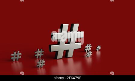 Gruppe von Hashtag-Symbolen auf rotem Hintergrund isoliert. 3D-Illustration. Stockfoto