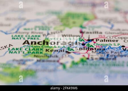 Anchorage Alaska USA auf einer geografischen Karte oder Straße angezeigt Karte Stockfoto