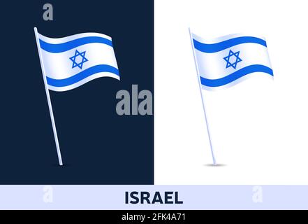israel Vektorflagge. Schwenkende Nationalflagge Italiens isoliert auf weißem und dunklem Hintergrund. Offizielle Farben und Anteil der Flagge. Vektorgrafik. Stock Vektor