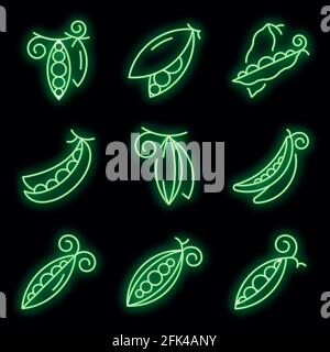 Symbole für Erbsen eingestellt. Umreißt einen Satz von Erbsen-Vektorsymbolen in Neonfarbe auf Schwarz Stock Vektor