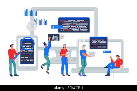 Adaptive Softwareentwicklung und -Programmierung. Programmierer testen und entwickeln plattformübergreifende Websites oder Apps. Entwicklung und Entwicklung mehrerer Geräte Stock Vektor