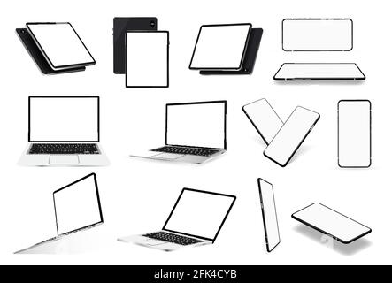 Verschiedene Gadgets Mockups. Laptop, Tablet und Mobiltelefon. Realistische 3D-Geräte mit leerem Bildschirm in isometrischer, frontaler und perspektivischer Ansicht. Notebook Stock Vektor