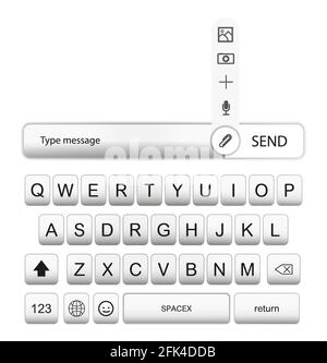 UI-Tastatur für Mobiltelefon, Smartphone. Weiße realistische Handy-Tasten mit Schatten. Alphabet, Zahlen und Symbole für Messenger. UI-UX-KIT Stock Vektor