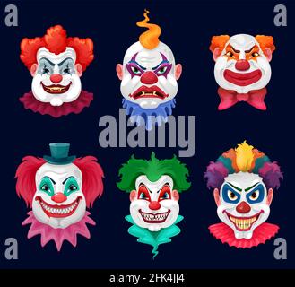 Horror Clown und unheimlich Zirkus Monster Gesichter Cartoon Vektor Design von Halloween Urlaub. Böse Clowns oder Joker-Charaktere mit blutigen Zähnen, scharfem Vampir Stock Vektor