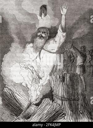 Das Martyrium von Thomas Cranmer, 1556. Thomas Cranmer, 1489 – 1556. Anführer der englischen Reformation und Erzbischof von Canterbury. Aus der Geschichte des Fortschritts in Großbritannien, veröffentlicht 1866. Stockfoto