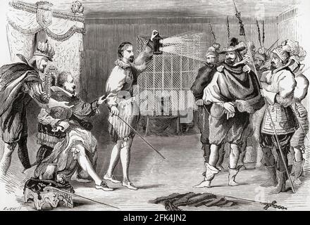 Der Schießpulver-Plot. Guy Fawkes wurde von James I. und seinem rat im Schlafzimmer des Königs, Whitehall, verhört. Guy Fawkes, 1570 – 1606, alias Guido Fawkes, Mitglied einer Gruppe von englischen Provinzkatholiken, die am Gunpowder-Komplott von 1605, alias Gunpowder-Verrat oder dem Jesuitenverrat, einem gescheiterten Attentat gegen König James I. von England und VI. Von Schottland, teilgenommen haben. Die Verschwörung sollte das Oberhaus während der Staatseröffnung des englischen Parlaments am 5. November 1605 in die Luft sprengen. Aus der Geschichte des Fortschritts in Großbritannien, veröffentlicht 1866. Stockfoto