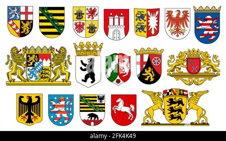 Wappen der deutschen Bundesstaaten Wappenkymbole der Vektor-deutschen Heraldik. Bundeslandembleme mit Fahnen, Löwen, Bären und Hirschen, Adler, Pferd, cr Stock Vektor