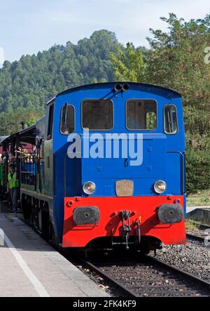 Diesellokomotive nähert sich Anduze im Zug à Vapeur des Cevennes-Linie von Anduze nach St-Jean-du-Gard Stockfoto