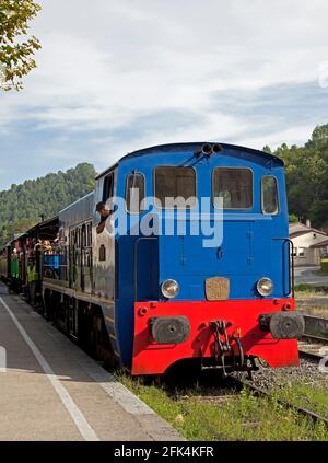 Diesellokomotive nähert sich Anduze im Zug à Vapeur des Cevennes-Linie von Anduze nach St-Jean-du-Gard Stockfoto