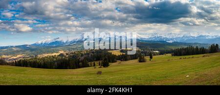 Blick auf die hohe Tatra von Lapszanka im Frühjahr Stockfoto