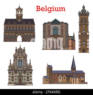 Belgien Kathedralen, Architektur Wahrzeichen und Kirchen von Mons, Binche und Louvain Stadt, Vektor. Belgische Architektur Glockenturm, Sint Michielskerk Stock Vektor