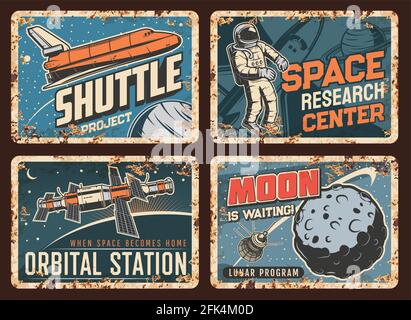 Space Exploration Shuttle, Orbitalstation und Satellit, Mondprogramm rostigen Vektorplatten. Raumschiff Rakete und Astronaut im Weltraum, künstlich Stock Vektor