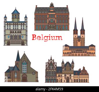 Belgische Wahrzeichen, Architekturgebäude, Vektor-belgische Reise-Sightseeing. Kirche St. Gertrude in Nivelles und St. John in Mechelen, Rathaus Sta Stock Vektor