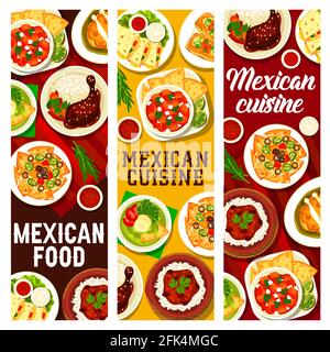 Poster zu mexikanischen Speisen und Saucen in Restaurants. Tortilla Nachos, Avocado-Suppe und Huhn mit Mole Poblano-Sauce, Rind-Tortilla-Wrap, Chili und qu Stock Vektor