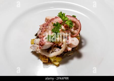 Octopus Food Salat Gemüse mit Kartoffeln und Petersilie auf weiß Platte in Nahaufnahme Stockfoto