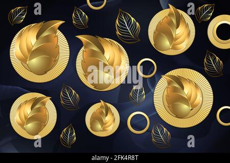 3d klassische Wandtapete. Goldenes Blatt in goldenen Kreisen auf dunkelblauem Hintergrund. Stockfoto