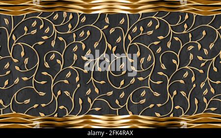 3d moderne Wandtapete. Goldene Blätter Äste und goldene Wellen in schwarzem Holz Hintergrund. Stockfoto