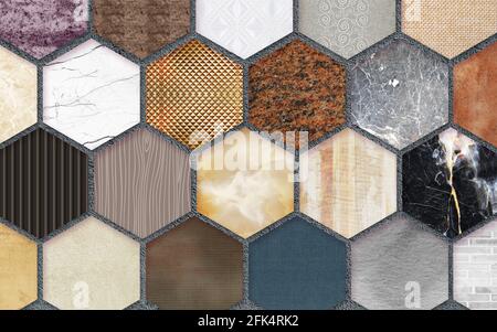 3d Wandtapete sechseckige geometrische Formen. Goden, Marmor, Muster und graue Formen. Für moderne Hauswand-Dekor Stockfoto