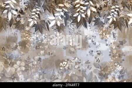 3d klassische florale Wandtapete. Blätter Zweige und Blumen im Hintergrund für Wand dekorativ. Stockfoto