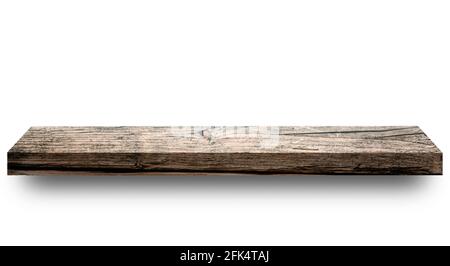 Leeres Holzregal auf weißem Hintergrund Stockfoto