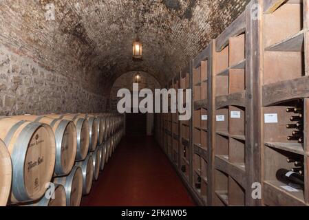 Logroño, Spanien: 2021. April 26: Innenraum der Bodegas Riojanas Winery am bewölkten Tag in der Stadt Cenicero in Spanien. Stockfoto
