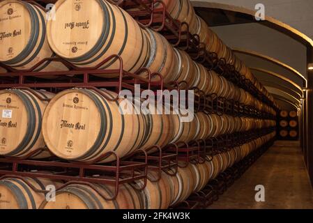 Logroño, Spanien: 2021. April 26: Innenraum der Bodegas Riojanas Winery am bewölkten Tag in der Stadt Cenicero in Spanien. Stockfoto