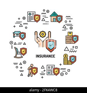 Webbanner für Versicherungen. Infografiken mit linearen Symbolen auf weißem Hintergrund. Kreatives Ideenkonzept. Isolierte Farbdarstellung der Umrisse. Stock Vektor