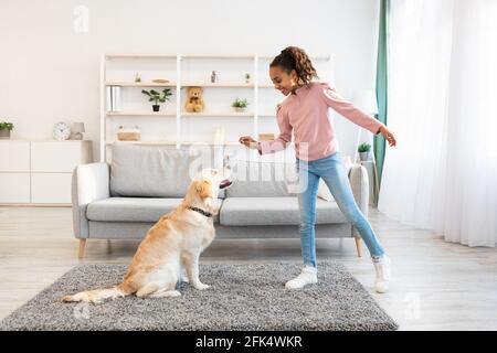 Schwarzes Mädchen trainiert und behandelt ihren gehorsamen Hund Stockfoto