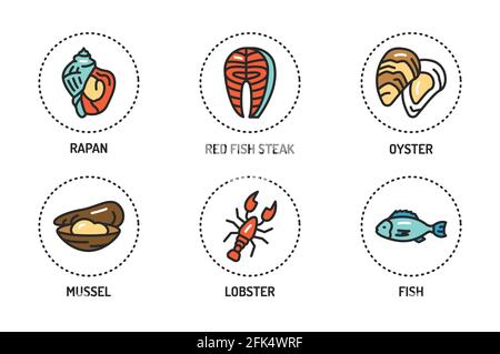 Farbsymbole für Meeresfrüchte eingestellt. Isoliertes Vektorelement. Skizzieren Sie Piktogramme für Webseite, mobile App. Stock Vektor