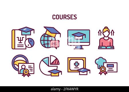 Farbsymbole für die Kursschulung festgelegt. Skizzieren Sie Piktogramme für Webseite, mobile App, Werbung. Stock Vektor