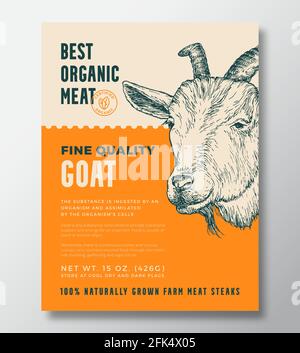 Animal Portrait Organic Meat Abstract Vector Packaging Design oder Label Template. Banner „Farmangewachsene Steaks“. Moderne Typografie und handgezeichneter Ziegenkopf Stock Vektor