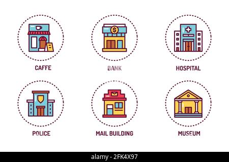 Die Symbole für die Farblinien von Stadtgebäuden sind eingestellt. Isoliertes Vektorelement. Skizzieren Sie Piktogramme für Webseite, mobile App, Werbung Stock Vektor