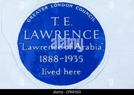 England, London, Westminster, Barton Street, Blaue Plakette an der Barton Street 14 in der ehemaligen Residenz von T.E.Lawrence aka Lawrence of Arabia *** Lokal Stockfoto