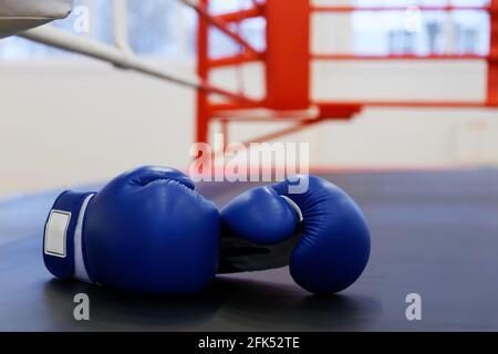 Auf dem Boxring liegen zwei blaue Leder-Boxhandschuhe. Geringer Fokus. Stockfoto