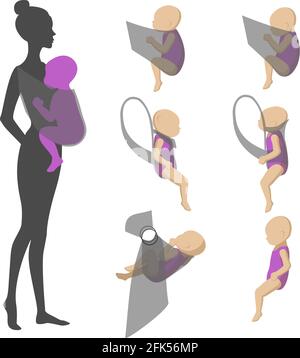 Positionierung des Babys in verschiedenen Babyschalen. Stock Vektor