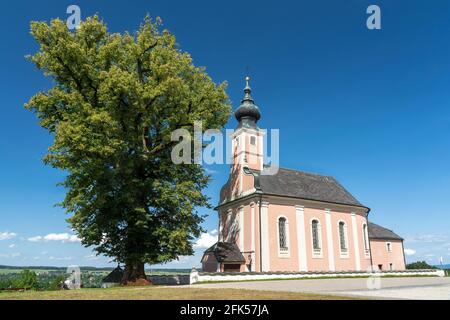 Die Wallfahrtskirche Maria Mühlberg hoch über waging Stockfoto