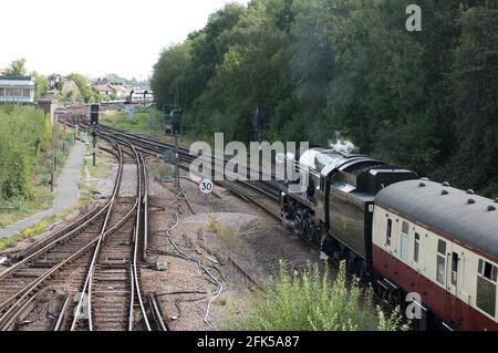 Erhaltene und restaurierte Dampflokomotive, 34064 'Braunton' nähert sich Tonbridge mit einem speziellen Ausflugszug aus London Stockfoto