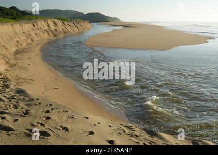 Wunderschöne Küstenlandschaft, Dünenerosion am Strand, Fluss Ohlanga, der ins Meer fließt, Umhlanga Rocks, Durban, Südafrika, Schönheit in der Natur, Littoral Zone Stockfoto