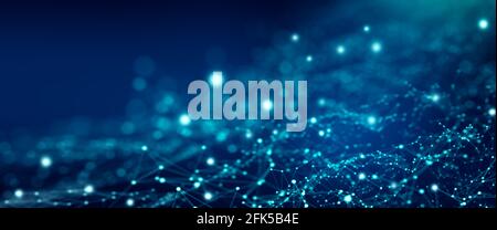 Abstrakter blauer futuristischer Hintergrund. Netzwerkverbindungsstruktur und Drahtmodell-Partikelwelle mit niedriger Poly-Form. Abstrakter Polygon-Hintergrund. 3D-Rendering. Stockfoto