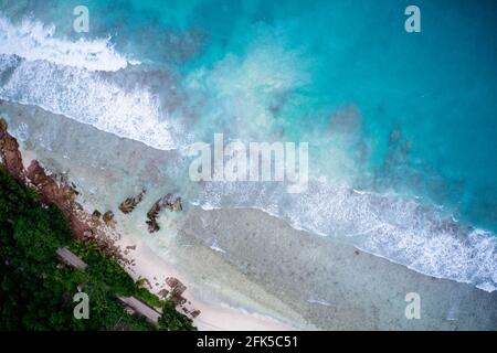 Drohne Sichtfeld von Wellen, die in Strand und Wald krachen La Digue, Seychellen. Stockfoto